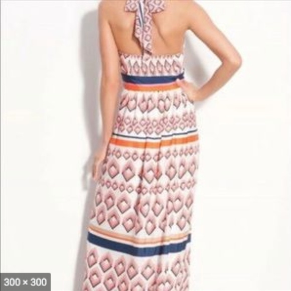 ELIZA J Mixed Geometric Orange Maxi Halter Dress - Picture 3 of 7